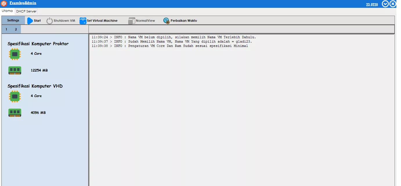 Tampilan dashboard ExambroAdmin untuk pengaturan server dan Virtual Machine (VHD).