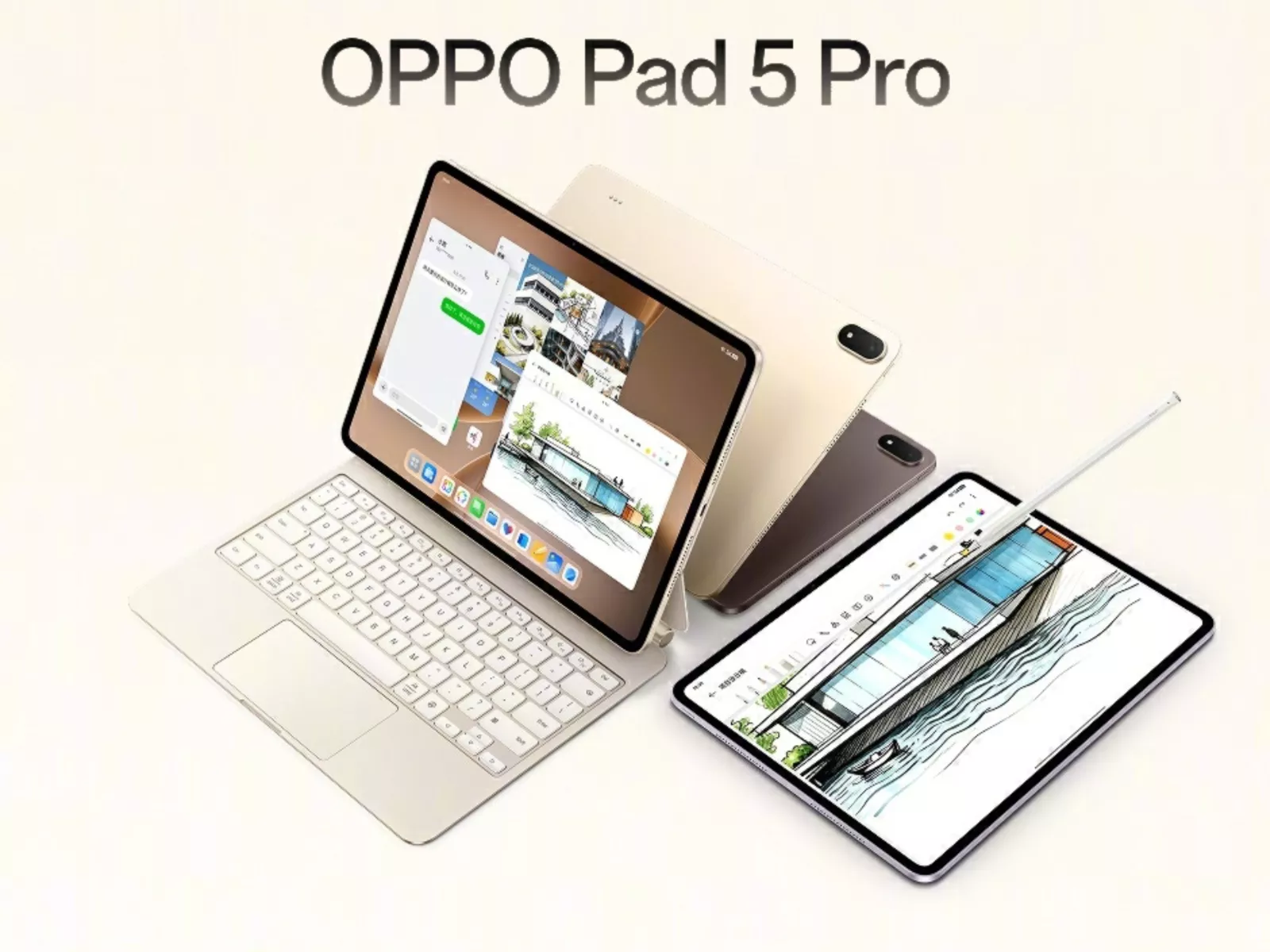 Produk OPPO Pad 5 Pro warna gold dengan aksesoris keyboard magnetik dan stylus pen untuk produktivitas.