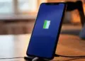 Smartphone berdiri di atas docking charger dengan ikon baterai hijau di tengah layar yang gelap.
