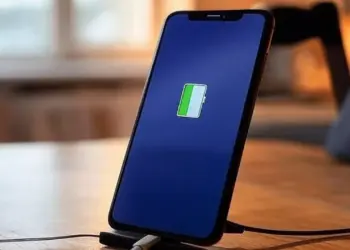 Smartphone berdiri di atas docking charger dengan ikon baterai hijau di tengah layar yang gelap.
