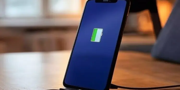 Smartphone berdiri di atas docking charger dengan ikon baterai hijau di tengah layar yang gelap.