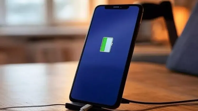 Smartphone berdiri di atas docking charger dengan ikon baterai hijau di tengah layar yang gelap.