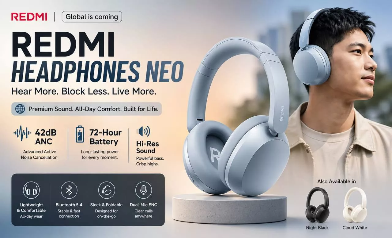 Poster promosi Redmi Headphone Neo menampilkan spesifikasi utama seperti 42dB ANC, daya tahan baterai 72 jam, dan kualitas Hi-Res Sound.