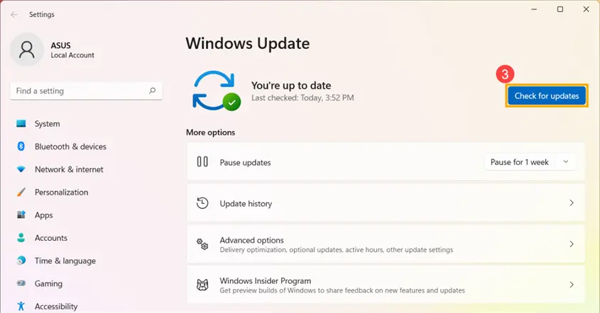 Menu pengaturan Windows Update pada sistem operasi Windows 11 untuk memeriksa pembaruan.