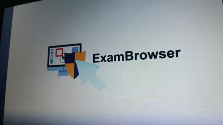 Logo resmi ExamBrowser dengan ikon komputer dan perisai keamanan