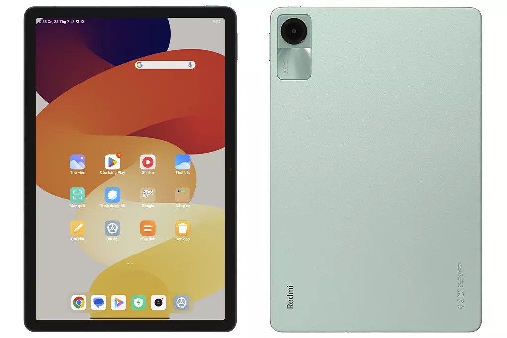 Perbandingan sisi layar depan dan desain bagian belakang Xiaomi Redmi Pad 2 SE secara berdampingan.
