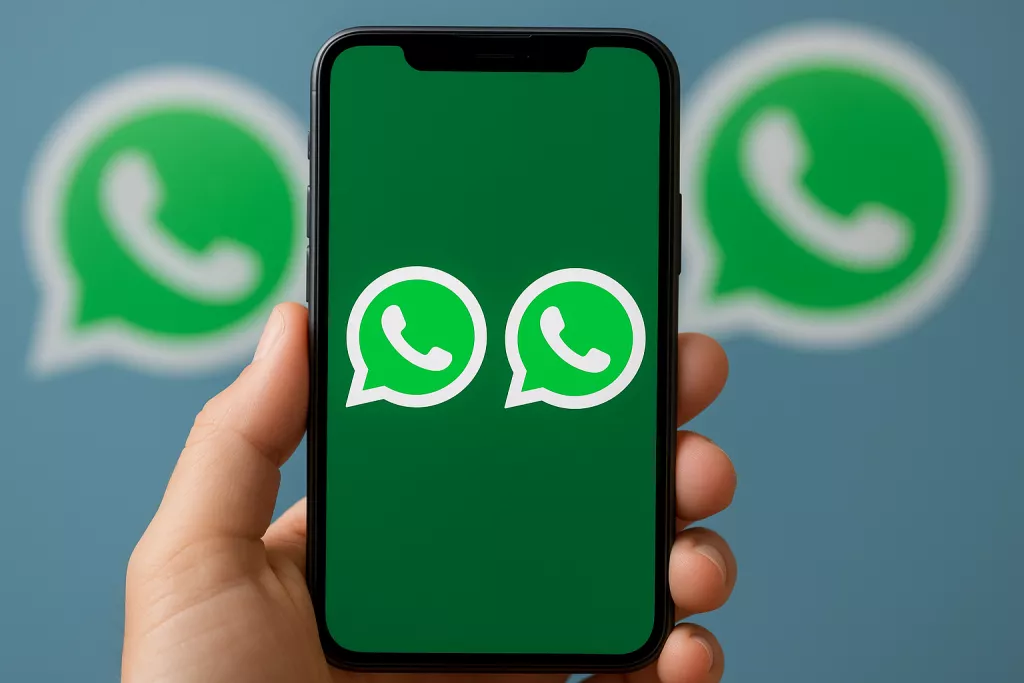Seseorang memegang smartphone yang menampilkan dual aplikasi untuk keperluan 2 Akun WhatsApp.