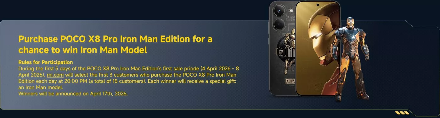 Banner promosi resmi pembelian POCO X8 Pro Iron Man Edition dengan kesempatan memenangkan model Iron Man edisi terbatas.