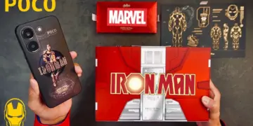 Tampilan lengkap konten unboxing POCO X8 Pro Iron Man Edition, termasuk unit ponsel dan kotak edisi kolektor yang unik.