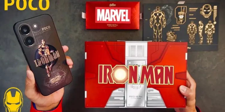 Tampilan lengkap konten unboxing POCO X8 Pro Iron Man Edition, termasuk unit ponsel dan kotak edisi kolektor yang unik.