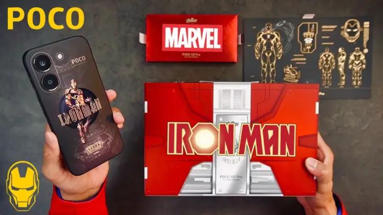 Tampilan lengkap konten unboxing POCO X8 Pro Iron Man Edition, termasuk unit ponsel dan kotak edisi kolektor yang unik.
