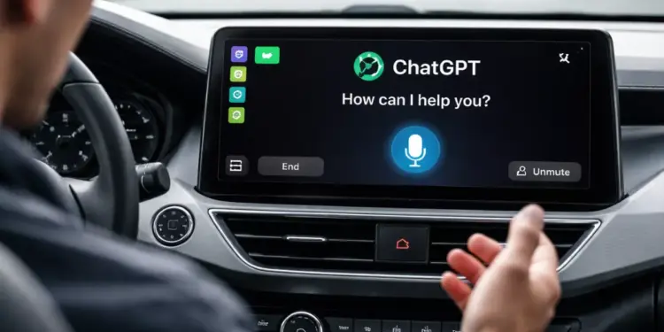 Seorang pengemudi menggunakan ChatGPT Voice Mode melalui layar dashboard Apple CarPlay.