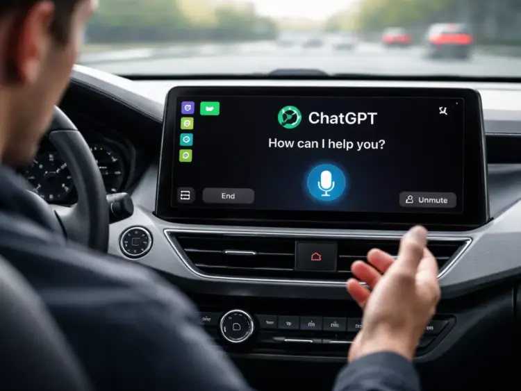 Seorang pengemudi menggunakan ChatGPT Voice Mode melalui layar dashboard Apple CarPlay.
