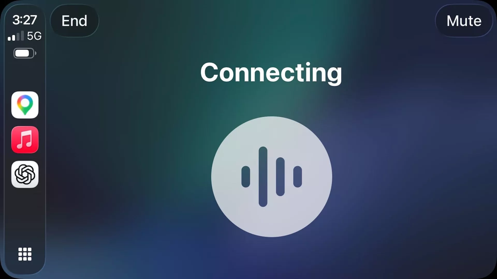 Layar antarmuka ChatGPT Voice Mode di CarPlay sedang dalam status "Connecting" (Menghubungkan).