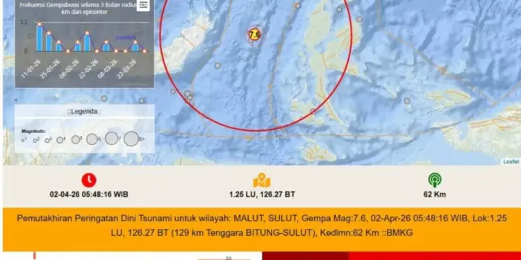 Peta titik koordinat BMKG menunjukkan potensi tsunami setelah Gempa Manado 7,6 SR di Sulawesi Utara.