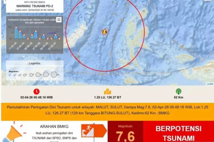 Peta titik koordinat BMKG menunjukkan potensi tsunami setelah Gempa Manado 7,6 SR di Sulawesi Utara.