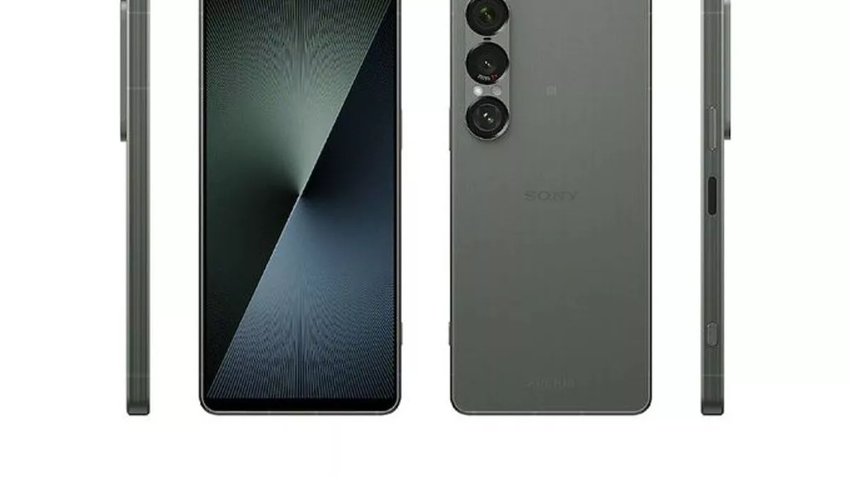 Render desain depan, belakang, dan samping dari smartphone Sony Xperia 1 VIII warna hijau gelap.
