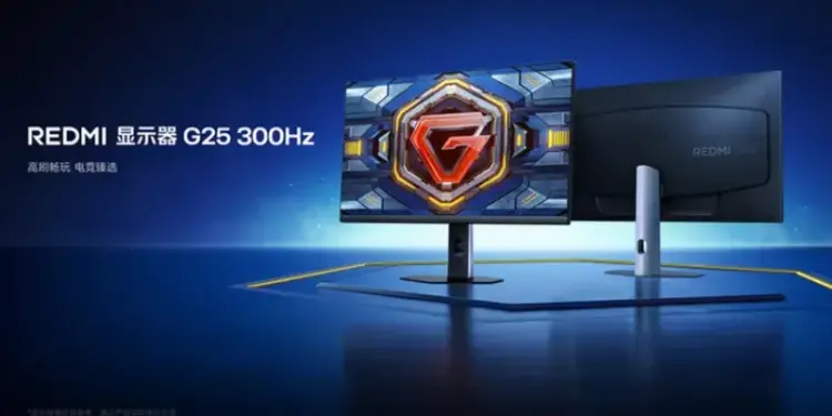 Banner promosi Xiaomi Redmi Monitor G25 300Hz menggunakan panel Fast IPS untuk gaming kompetitif.