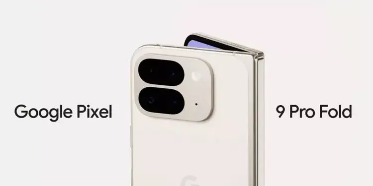 Tampak belakang Google Pixel 9 Pro Fold warna Porcelain (putih) dengan modul kamera kotak yang elegan dan teks promosi resmi.