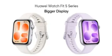 Poster promo Huawei Watch Fit 5 Series bertuliskan "Bigger Display" menampilkan varian warna krem dan ungu pastel yang elegan.