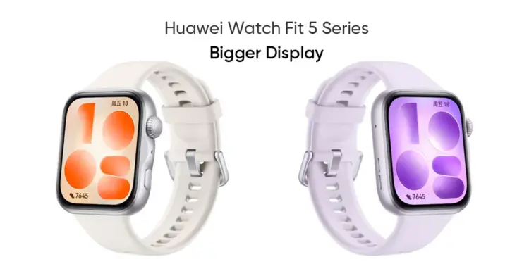 Poster promo Huawei Watch Fit 5 Series bertuliskan "Bigger Display" menampilkan varian warna krem dan ungu pastel yang elegan.