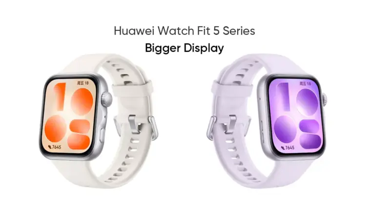 Poster promo Huawei Watch Fit 5 Series bertuliskan "Bigger Display" menampilkan varian warna krem dan ungu pastel yang elegan.