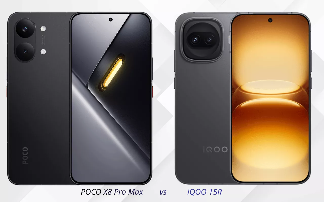 iQOO 15R vs POCO X8 Pro Max menampilkan desain depan dan belakang untuk perbandingan spesifikasi.