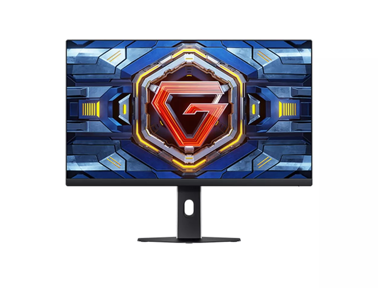 Tampak depan Monitor G25 300Hz dengan wallpaper gaming bertema robotik dan bezel ultra-thin.