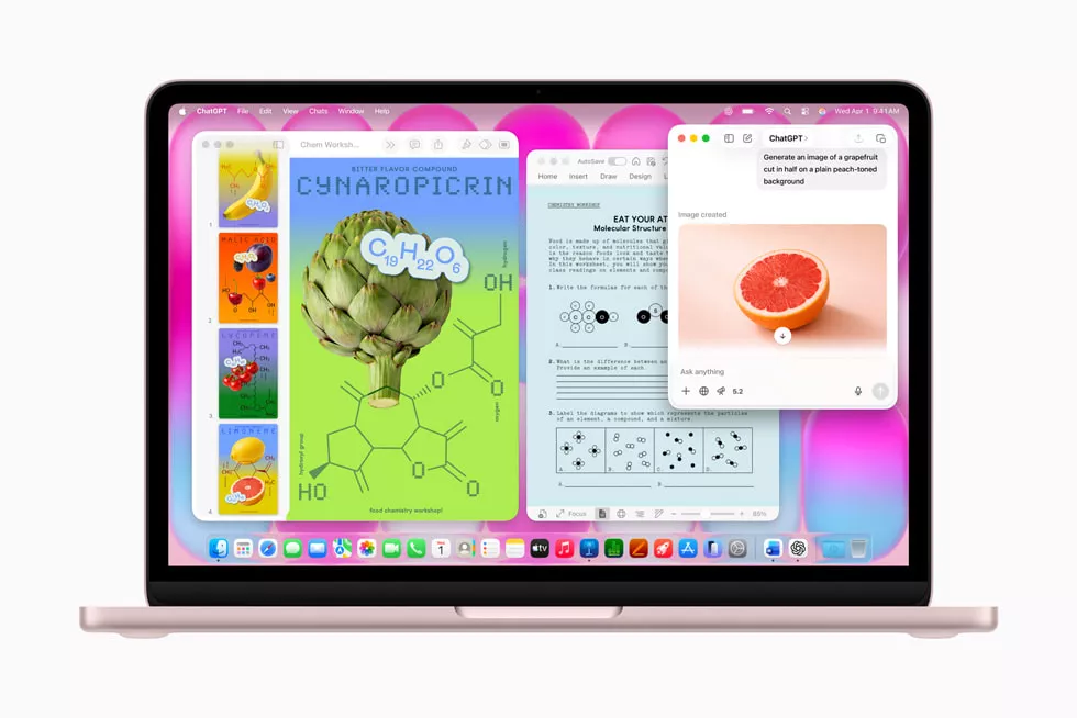 Tampilan layar MacBook Neo menjalankan aplikasi produktivitas dan integrasi ChatGPT AI.