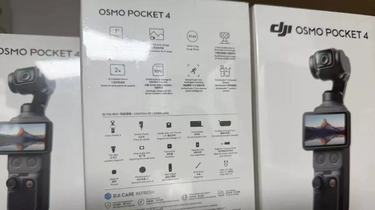Bocoran kotak kemasan DJI Osmo Pocket 4 yang mengungkap spesifikasi sensor 1 inci, video 6K, dan memori internal 107GB.