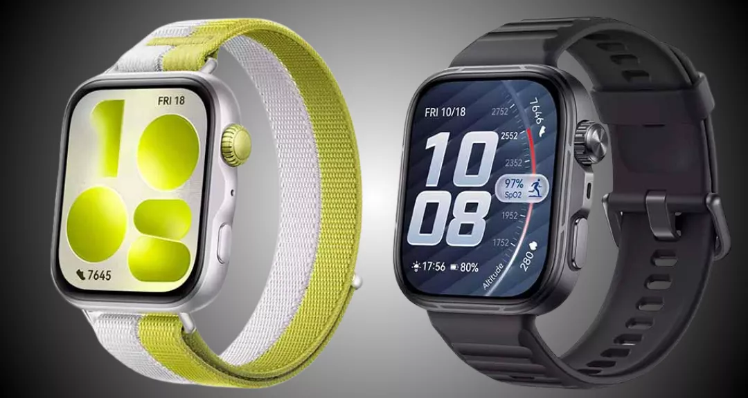 Perbandingan desain Huawei Watch Fit 5 varian standar dengan strap nilon dan varian Pro dengan watch face teknis yang menampilkan data SpO2 dan Altitude.