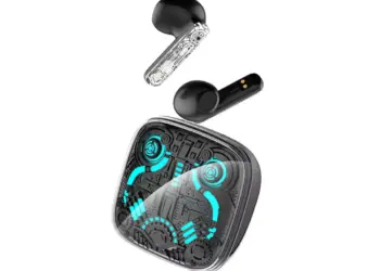 Charging case Infinix GTBUDS 5 dengan desain futuristik dan pencahayaan neon khas gaming.