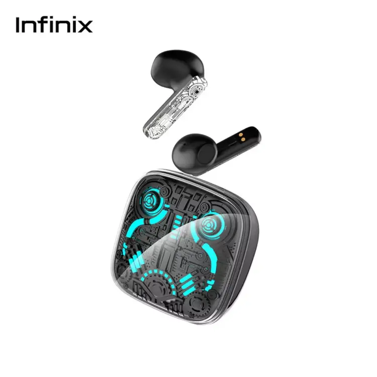 Charging case Infinix GTBUDS 5 dengan desain futuristik dan pencahayaan neon khas gaming.