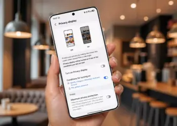Menu pengaturan Privacy Display di Samsung Galaxy S26 Ultra dengan opsi aktivasi otomatis untuk aplikasi tertentu.