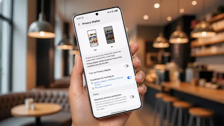 Menu pengaturan Privacy Display di Samsung Galaxy S26 Ultra dengan opsi aktivasi otomatis untuk aplikasi tertentu.