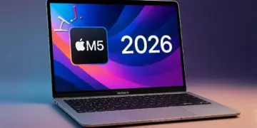 Render MacBook Air dengan logo chip Apple M5 dan tulisan tahun 2026 di layar.