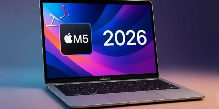 Render MacBook Air dengan logo chip Apple M5 dan tulisan tahun 2026 di layar.
