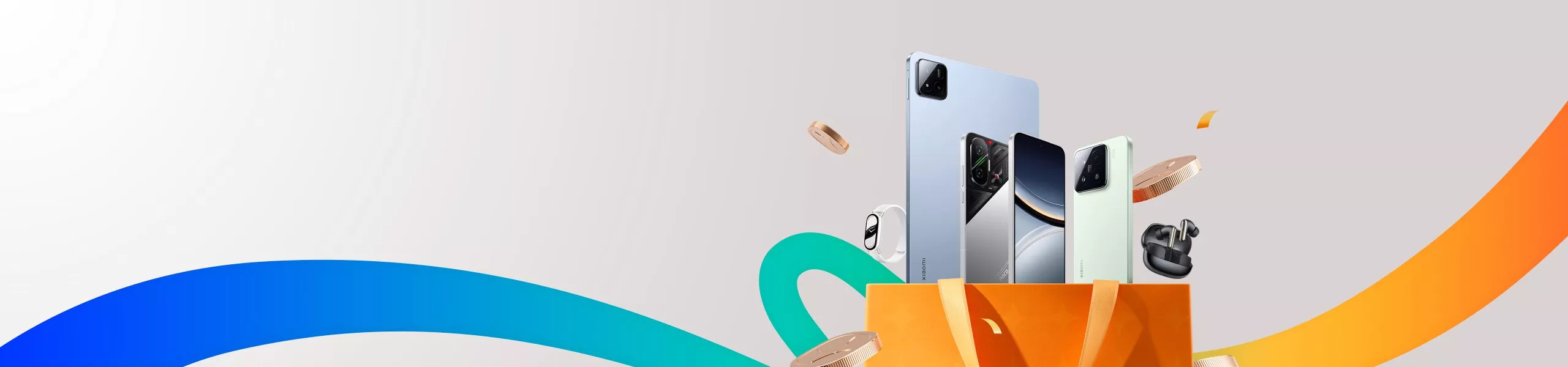 Banner promo Xiaomi bulan April menampilkan berbagai produk seperti tablet, smartphone, dan aksesoris AIoT.