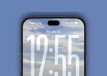 Tampilan konsep layar depan iPhone 18 Pro dengan Dynamic Island yang jauh lebih kecil dan ramping, menampilkan waktu dan status bar.