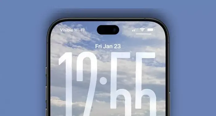 Tampilan konsep layar depan iPhone 18 Pro dengan Dynamic Island yang jauh lebih kecil dan ramping, menampilkan waktu dan status bar.
