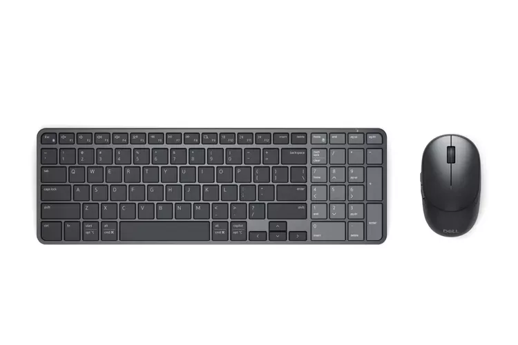 Tampak atas Dell Pro 5 Keyboard and Mouse Combo berwarna abu-abu gelap dengan tata letak full-size.