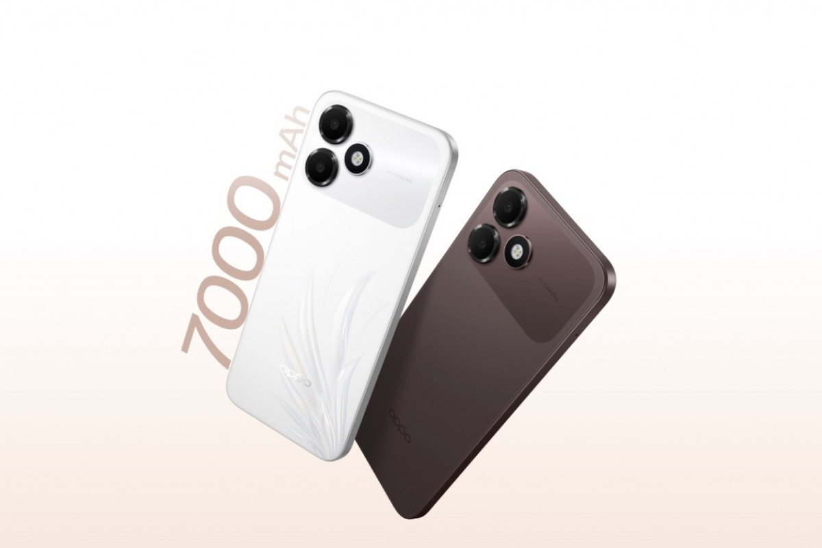 Dua varian warna OPPO A6c, putih dengan motif bulu dan cokelat gelap, menampilkan tulisan baterai 7000 mAh.
