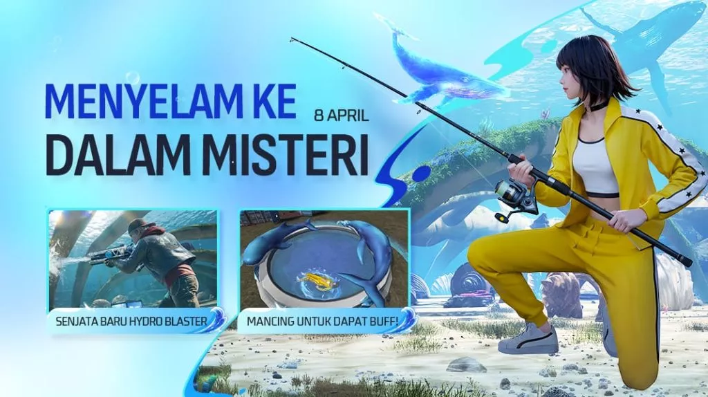 Poster update Free Fire 8 April bertema Menyelam ke Dalam Misteri dengan fitur memancing dan senjata Hydro Blaster.