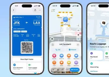 Tampilan antarmuka iOS 26 pada iPhone yang menunjukkan integrasi Boarding Pass digital dengan navigasi terminal bandara dan pelacakan bagasi AirTag.