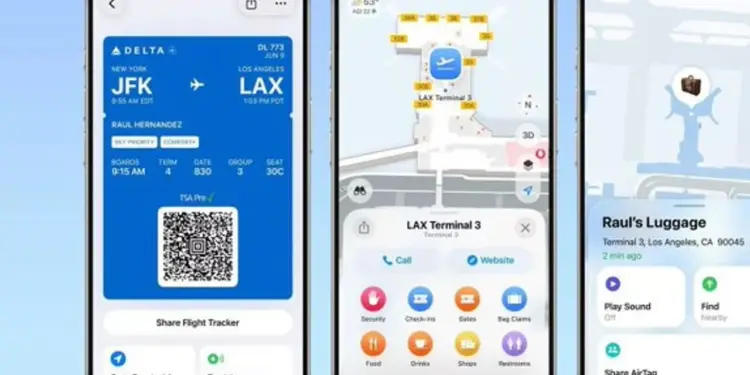 Tampilan antarmuka iOS 26 pada iPhone yang menunjukkan integrasi Boarding Pass digital dengan navigasi terminal bandara dan pelacakan bagasi AirTag.