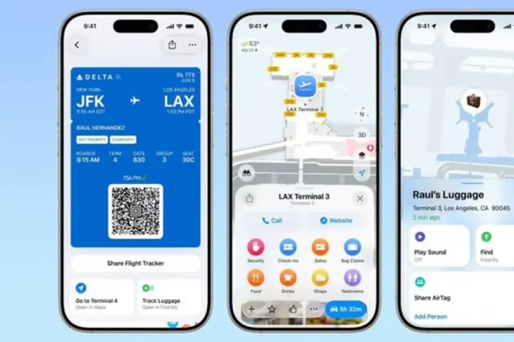 Tampilan antarmuka iOS 26 pada iPhone yang menunjukkan integrasi Boarding Pass digital dengan navigasi terminal bandara dan pelacakan bagasi AirTag.