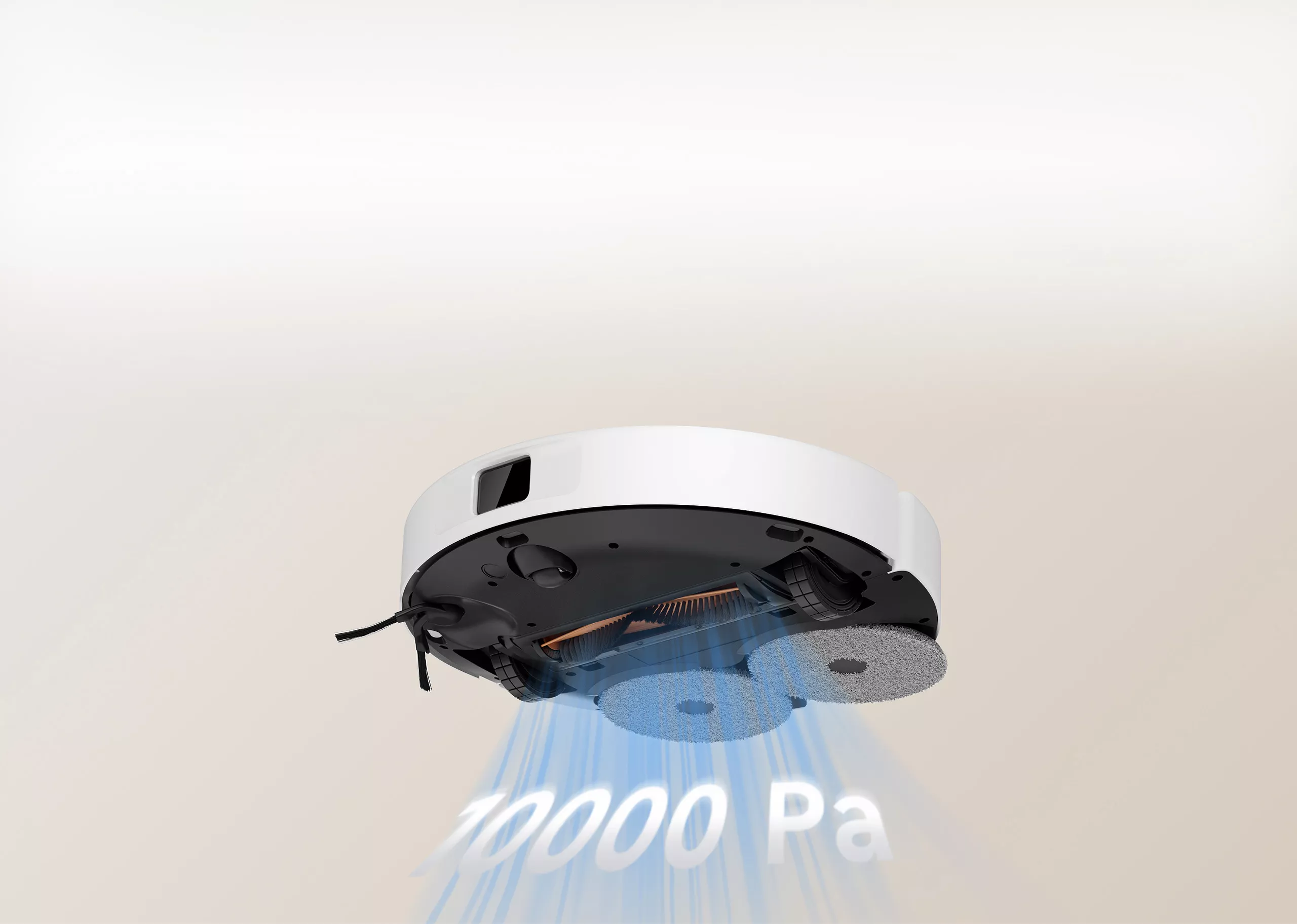 Tampilan bawah Robot Vacuum Xiaomi H50 Series menunjukkan dua bantalan pel putar dan daya hisap kuat 10000 Pa.