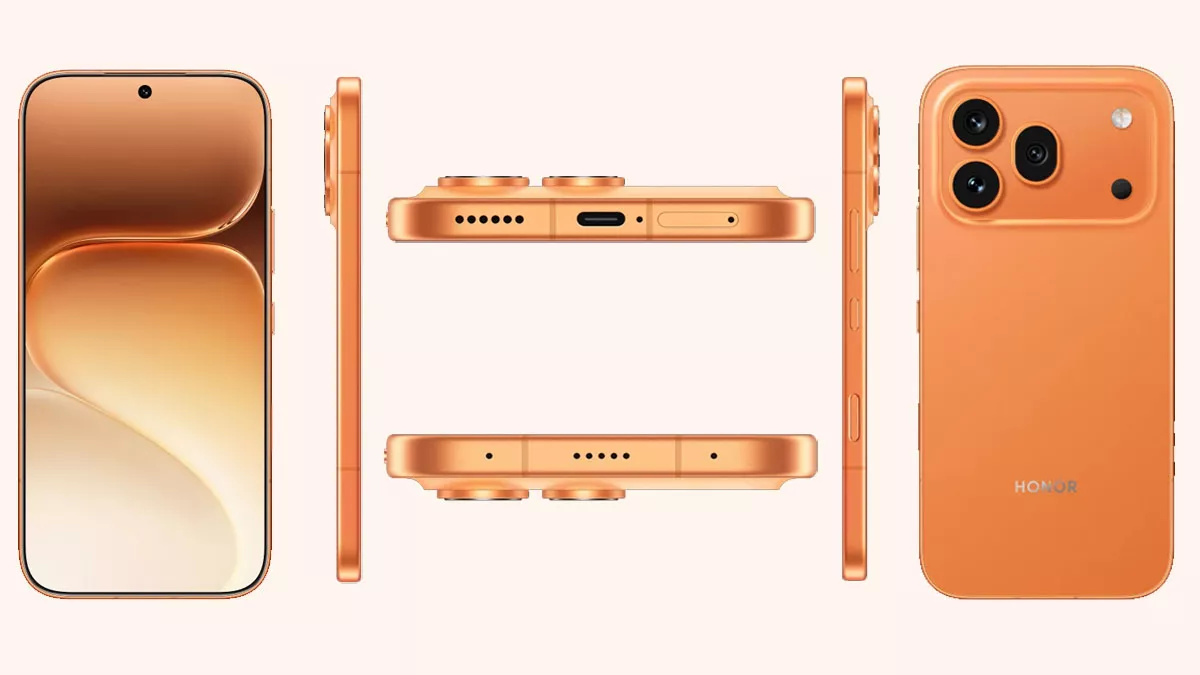 Sudut pandang desain bodi Honor 600 yang ramping dan elegan dengan warna oranye.