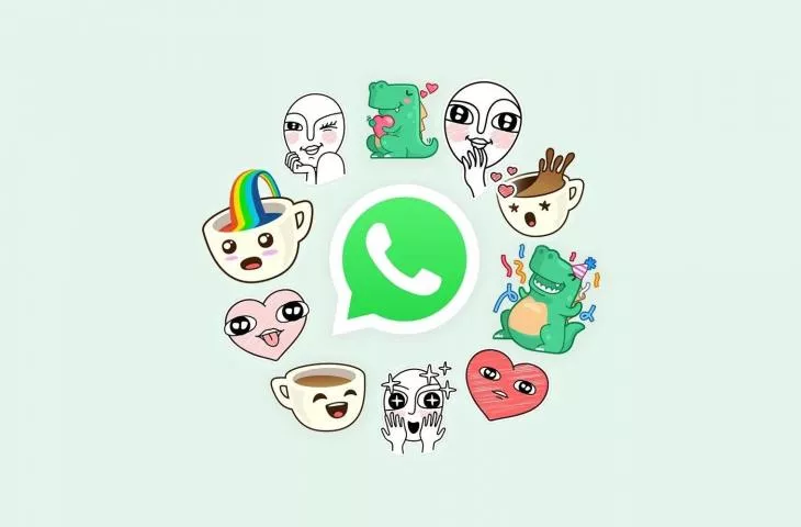 Ilustrasi logo WhatsApp dikelilingi oleh berbagai koleksi stiker WhatsApp yang lucu dan ekspresif.