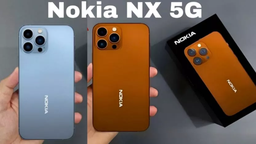 Dua varian warna smartphone Nokia NX 5G, yaitu biru muda dan oranye, sedang dipegang dengan kotak kemasan di sampingnya.